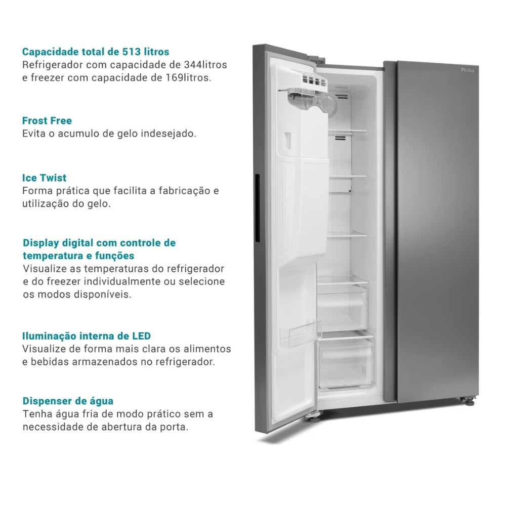 Geladeira Philco Frost Free Eco Invert 513L Inox com Dispenser de Gelo e Água.