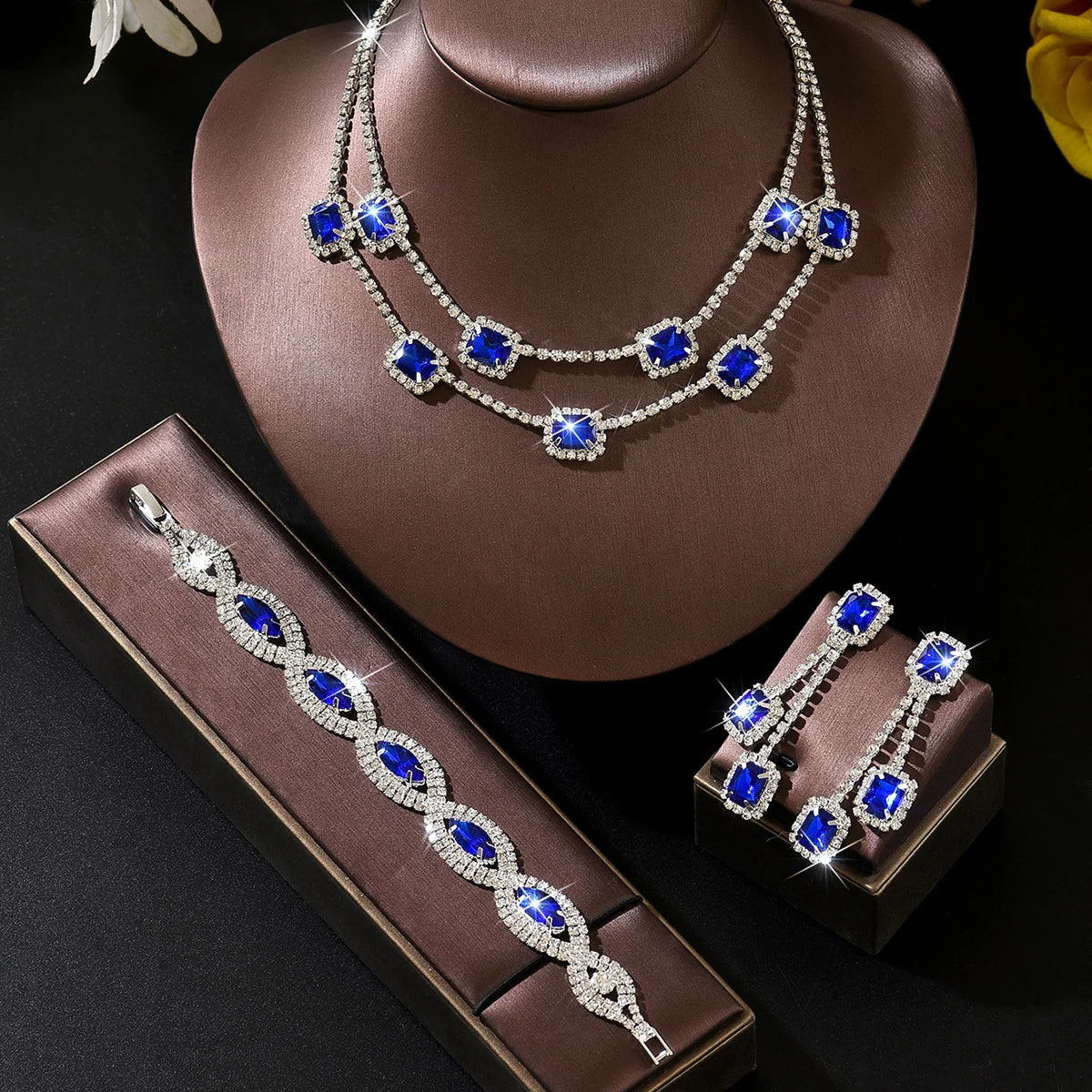 Conjunto 3 Peças Esmeralda Cristal Quadrado com Franjas - Luxo para Casamento