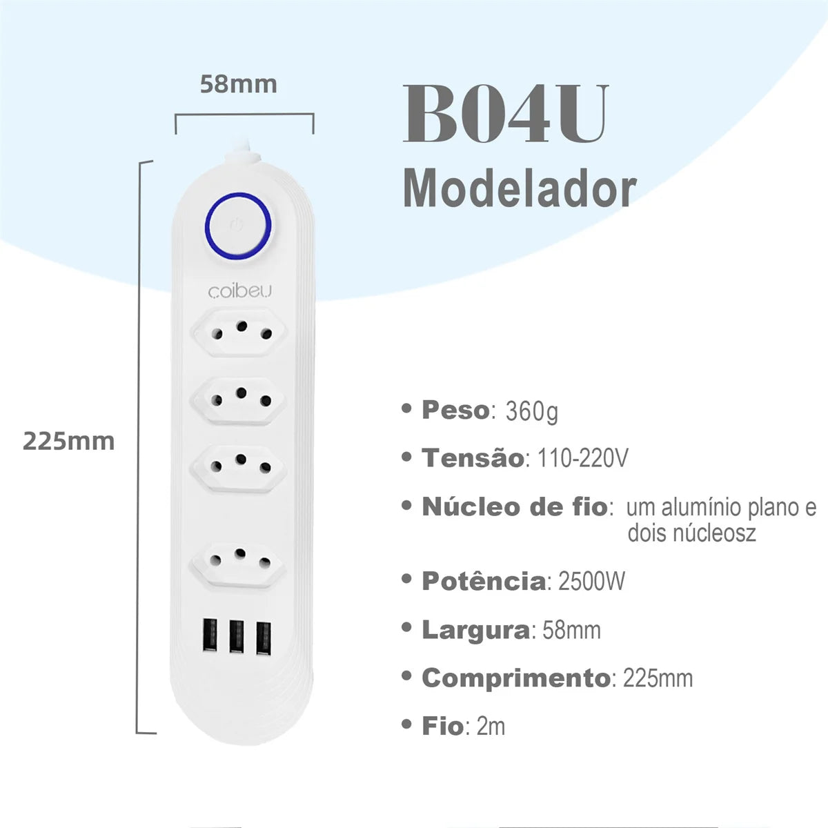 Torre de Tomadas 2M com USB Filtro de Linha Retrátil Coibeu B04U