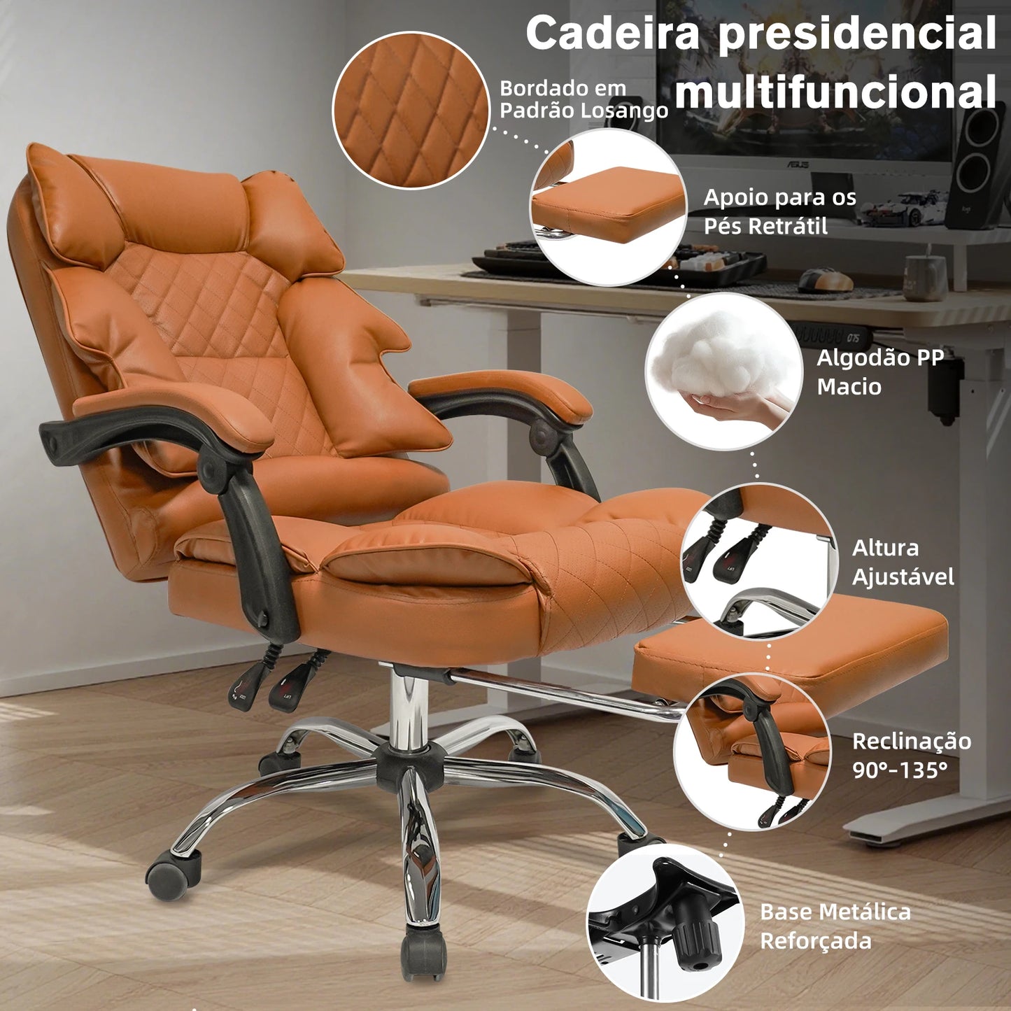 Cadeira Ergonômica Premium Python Fly - Couro PU Respirável, Encosto Ajustável 90°-135°, Suporta até 150kg