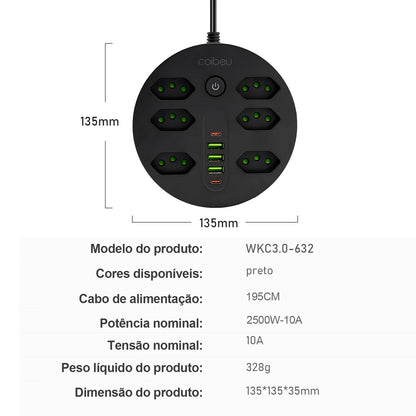 Filtro de Linha 2M com USB Proteção Sobrecarga Tomadas Coibeu
