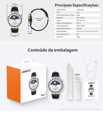 Smartwatch Feminino AURAIF ELLA 4 Monitor Freq Cardíaca Sono Esportes