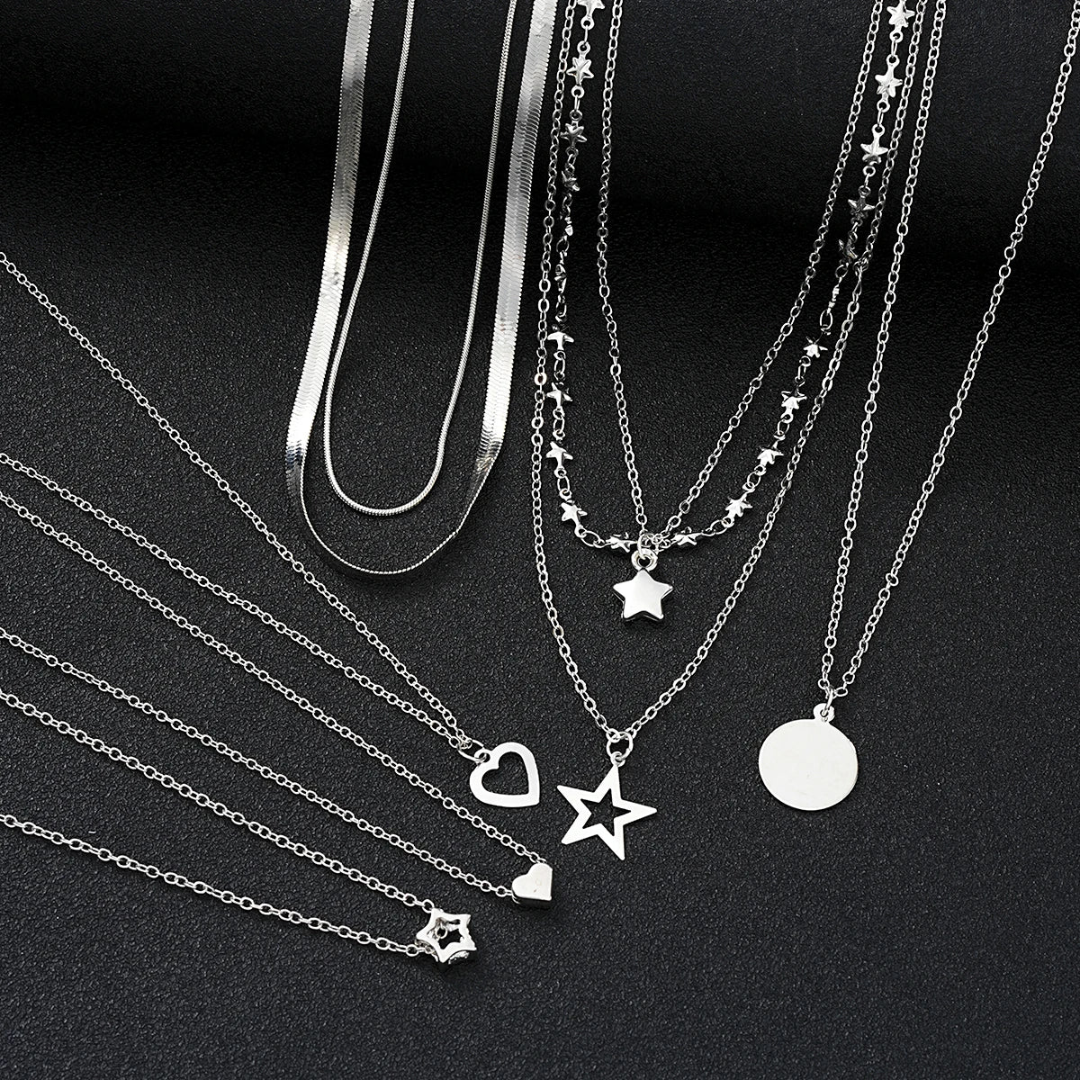 Conjunto 9 Peças Colares Choker Simples Feminino Amor Coração Estrela Pingente