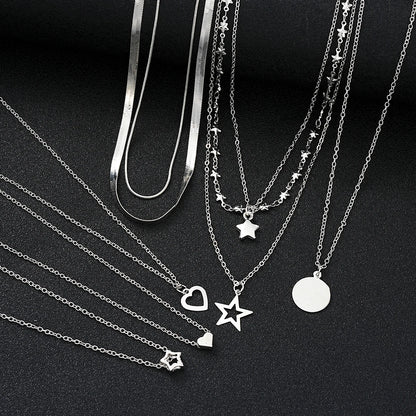 Conjunto 9 Peças Colares Choker Simples Feminino Amor Coração Estrela Pingente