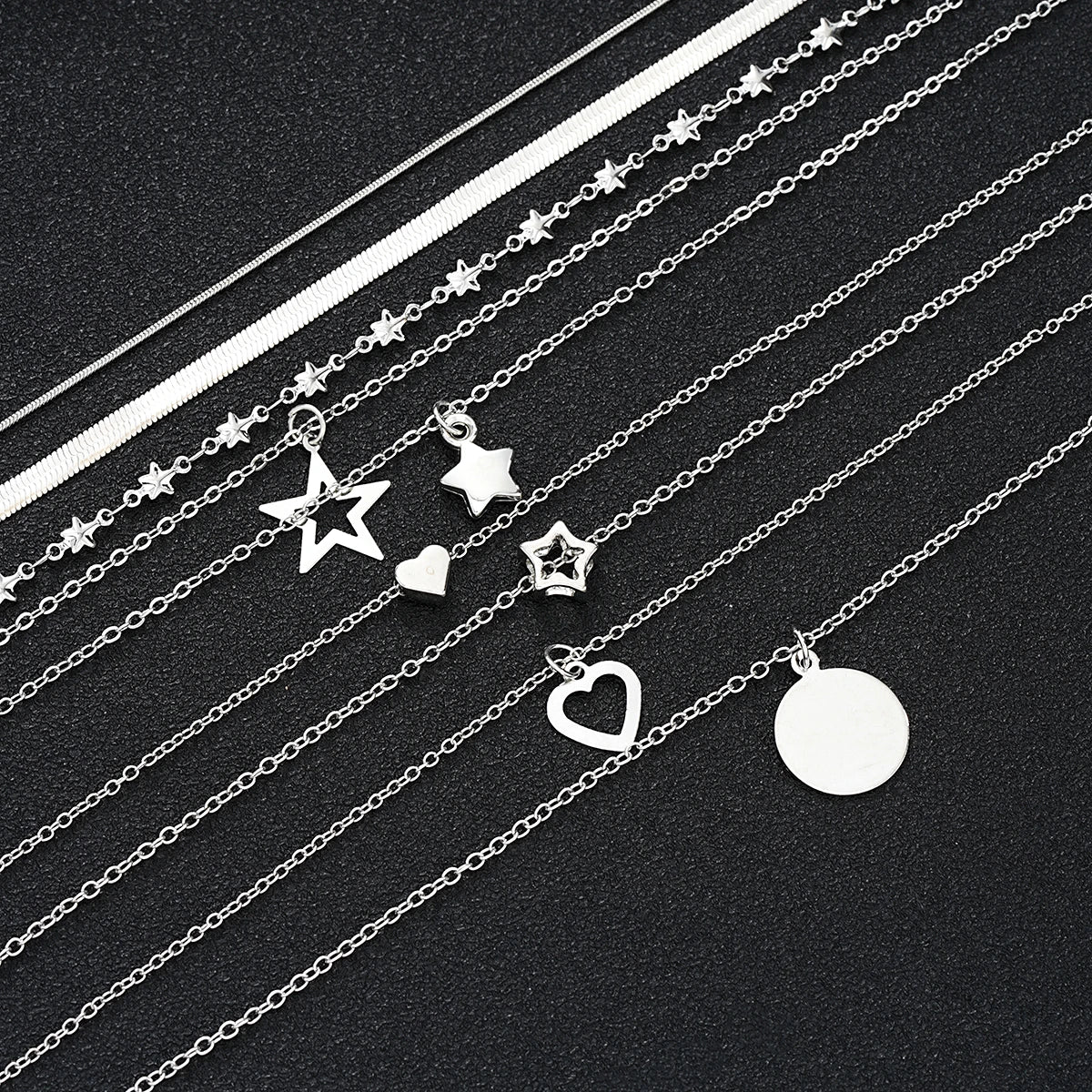 Conjunto 9 Peças Colares Choker Simples Feminino Amor Coração Estrela Pingente