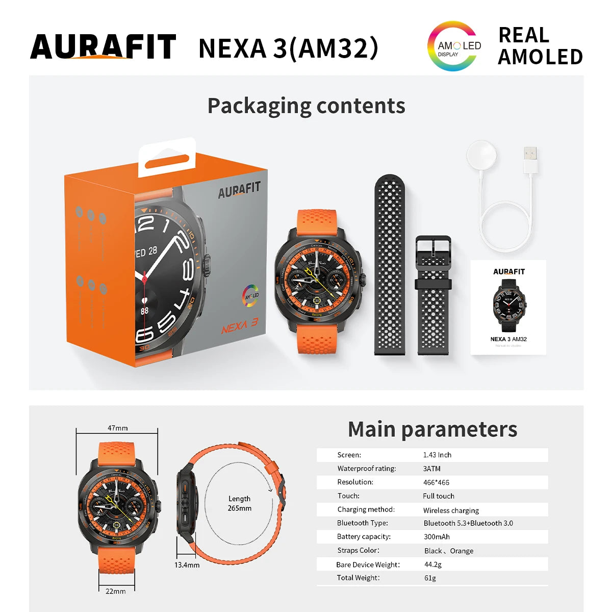 Smartwatch Esportivo Tela AMOLED 1.43" Papel de Parede Personalizado Chamadas Sem Fio Alertas Unissex