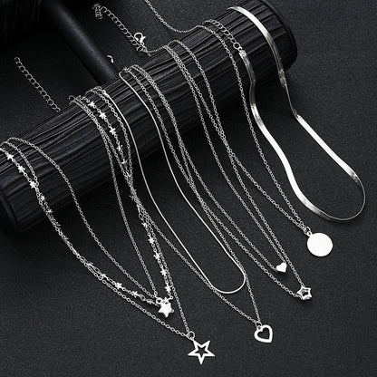 Conjunto 9 Peças Colares Choker Simples Feminino Amor Coração Estrela Pingente