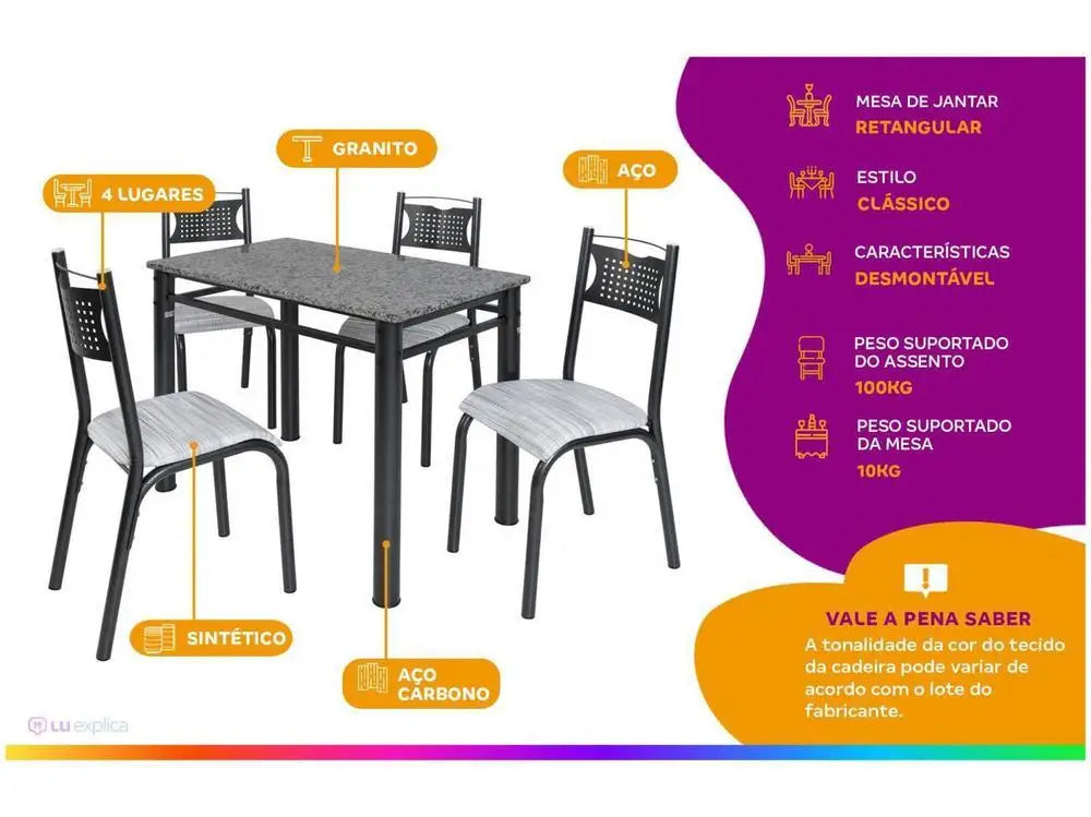 Conjunto Mesa de Cozinha Retangular 4 Cadeiras Poeme Madesa