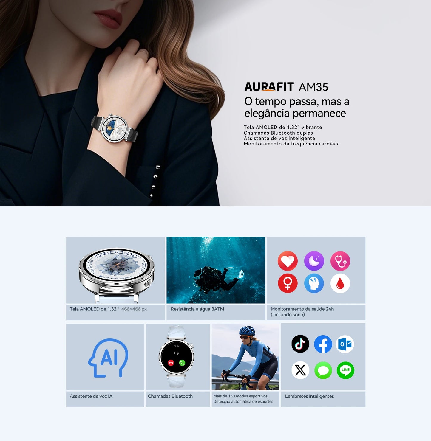 Smartwatch Feminino AURAIF ELLA 4 Monitor Freq Cardíaca Sono Esportes