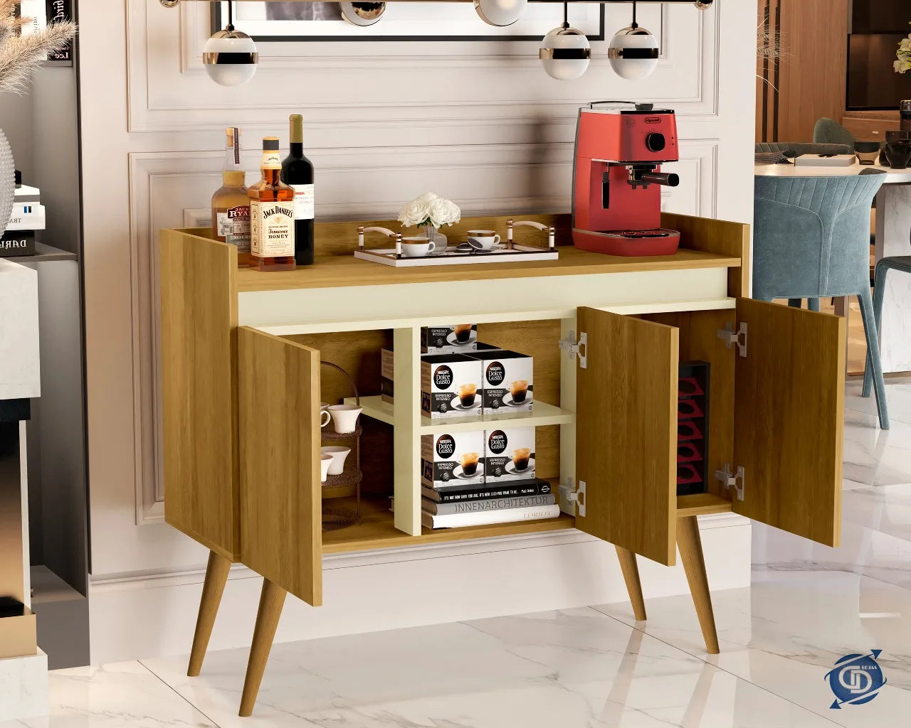Buffet Luxo 3 Portas Madeira e Off White - Aparador Elegante para Sala