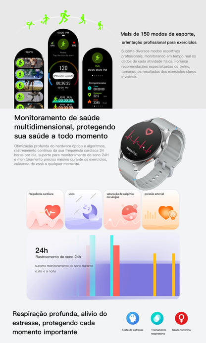 Smartwatch AURAFIT Original Masculino GPS NFC Rastreamento Chamadas BT Monitor Saúde