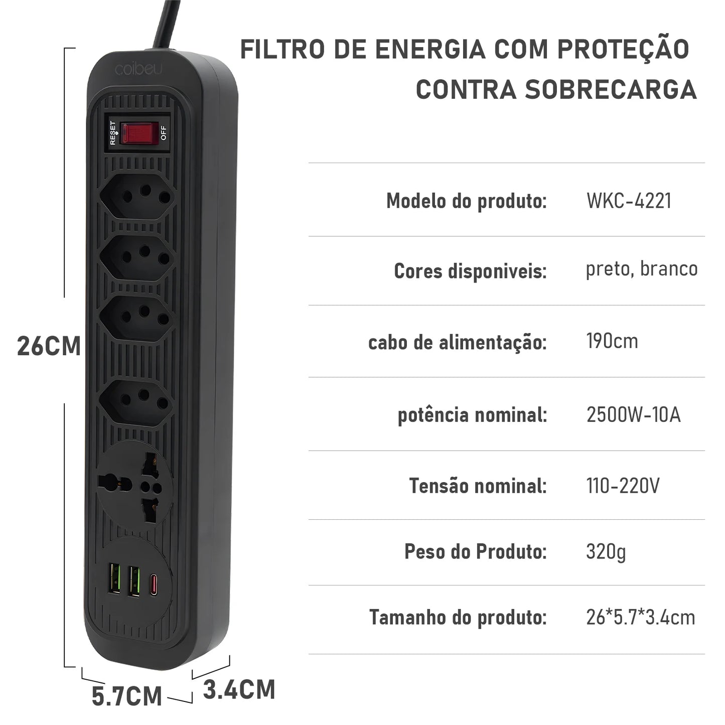 Extensão De 4 Tomadas Com 3 Usb Branco Bivolt 2 Metros Preto, Extensão Tomada,Suporte a Tensão de 110-220V, Potência de 2500W，