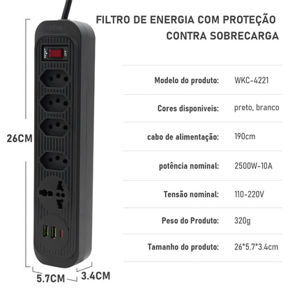 Extensão De 4 Tomadas Com 3 Usb Branco Bivolt 2 Metros Preto, Extensão Tomada,Suporte a Tensão de 110-220V, Potência de 2500W，