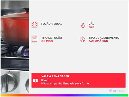 Fogão 4 Bocas Atlas Inox Branco Monaco Plus - Bivolt
