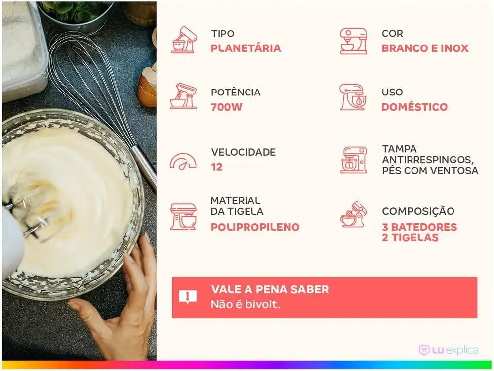Batedeira Planetária Mondial Premium Branco e Inox 700W - 220V