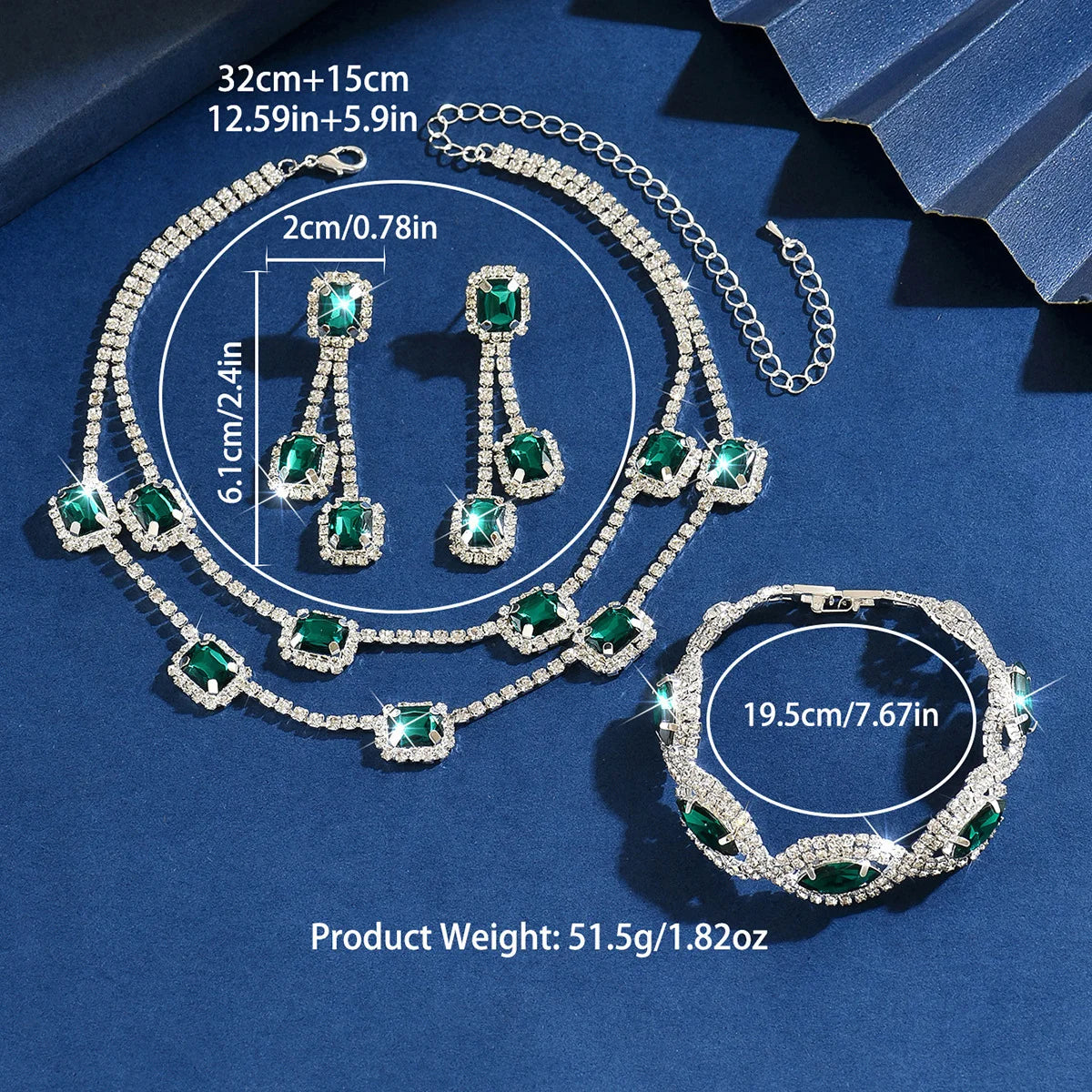 Conjunto 3 Peças Esmeralda Cristal Quadrado com Franjas - Luxo para Casamento