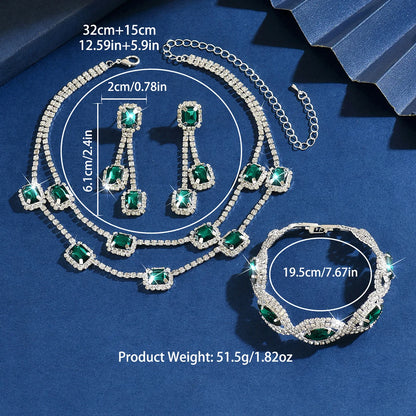 Conjunto 3 Peças Esmeralda Cristal Quadrado com Franjas - Luxo para Casamento