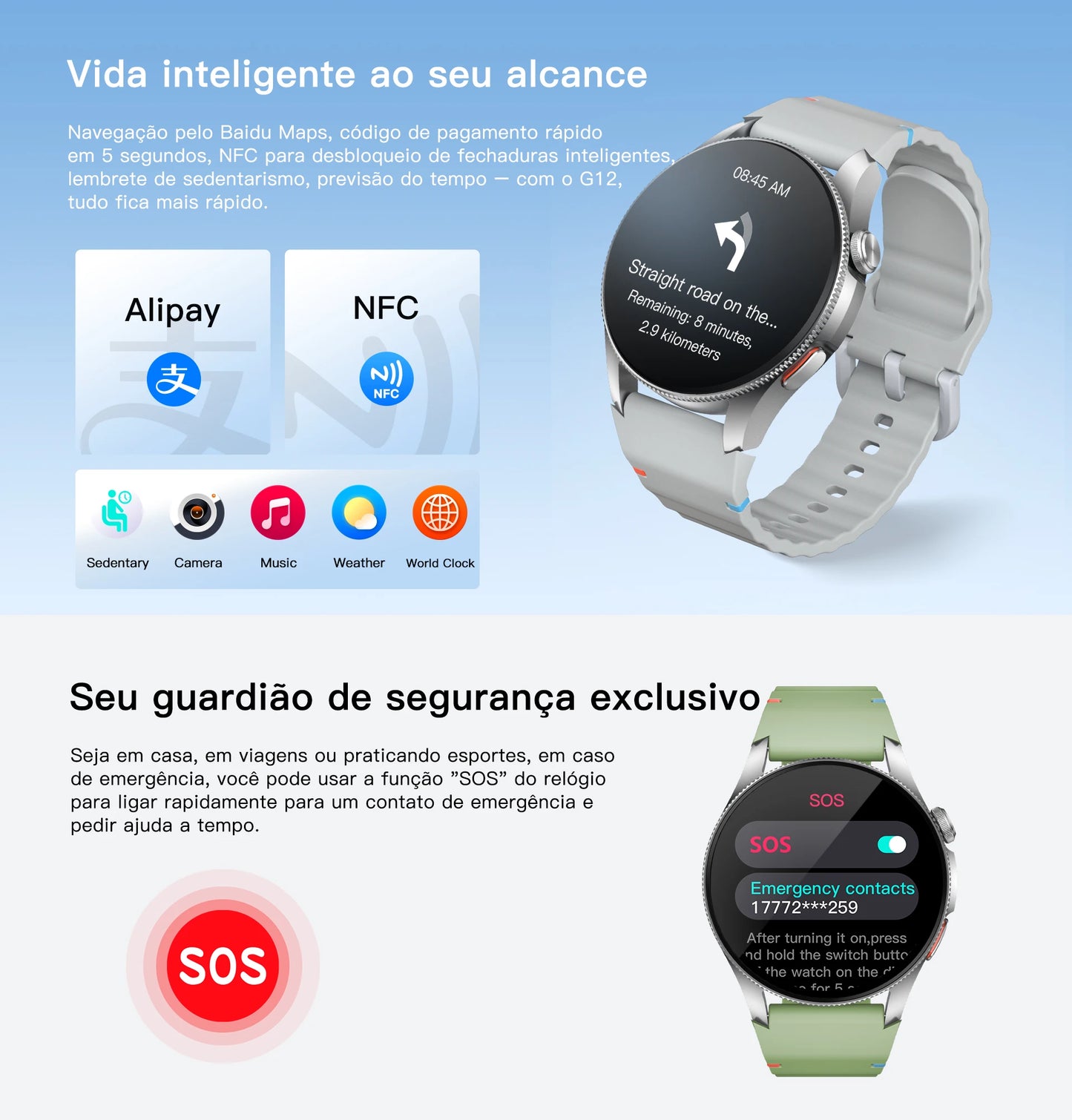 Smartwatch AURAFIT Original Masculino GPS NFC Rastreamento Chamadas BT Monitor Saúde
