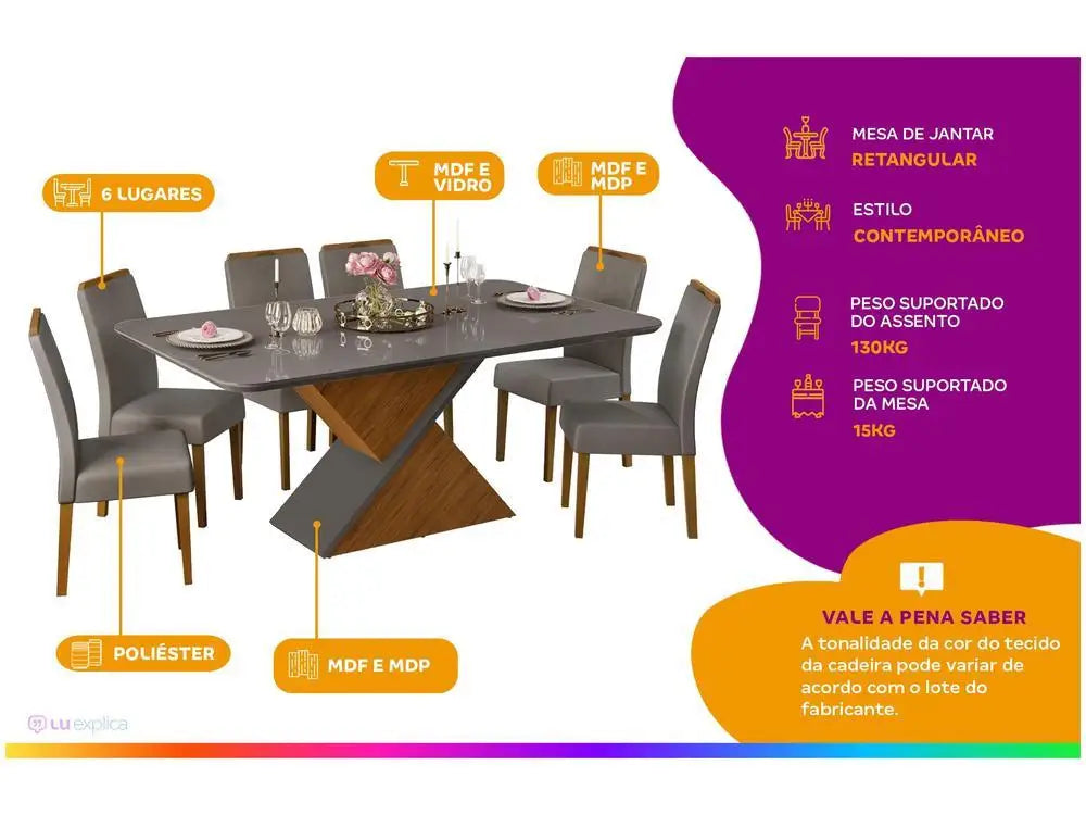 Conjunto Mesa de Jantar 6 Cadeiras Cinza Firenze Madesa