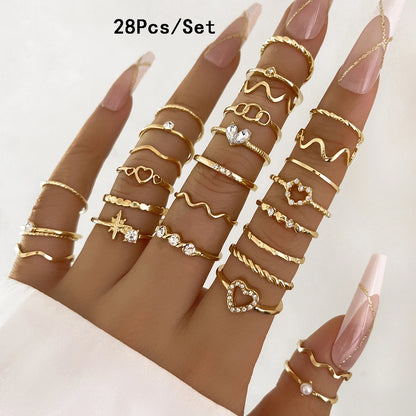 Conjunto 28 Peças Anéis Fashion Geométricos Feminino Cristal Coração