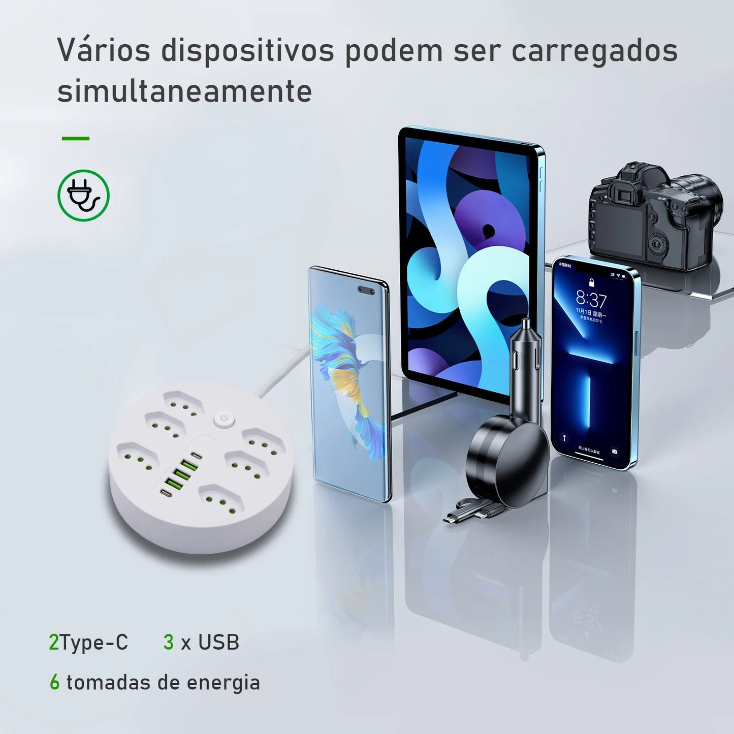 Filtro de Linha Extensão Elétrica Adaptador Tomada 10A 110-220V com USB