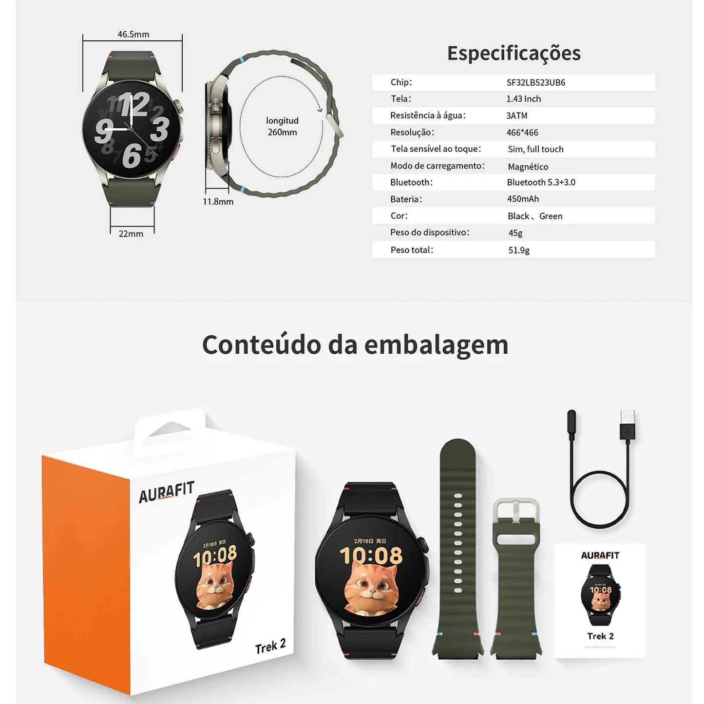 Smartwatch AURAFIT Original Masculino GPS NFC Rastreamento Chamadas BT Monitor Saúde