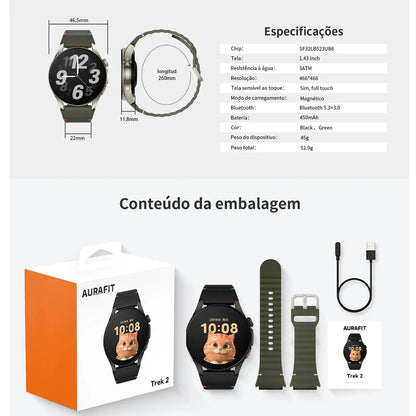 Smartwatch AURAFIT Original Masculino GPS NFC Rastreamento Chamadas BT Monitor Saúde