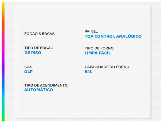Fogão 5 Bocas Esmaltec Preto Mesa de Vidro Ideal Top Glass - Bivolt