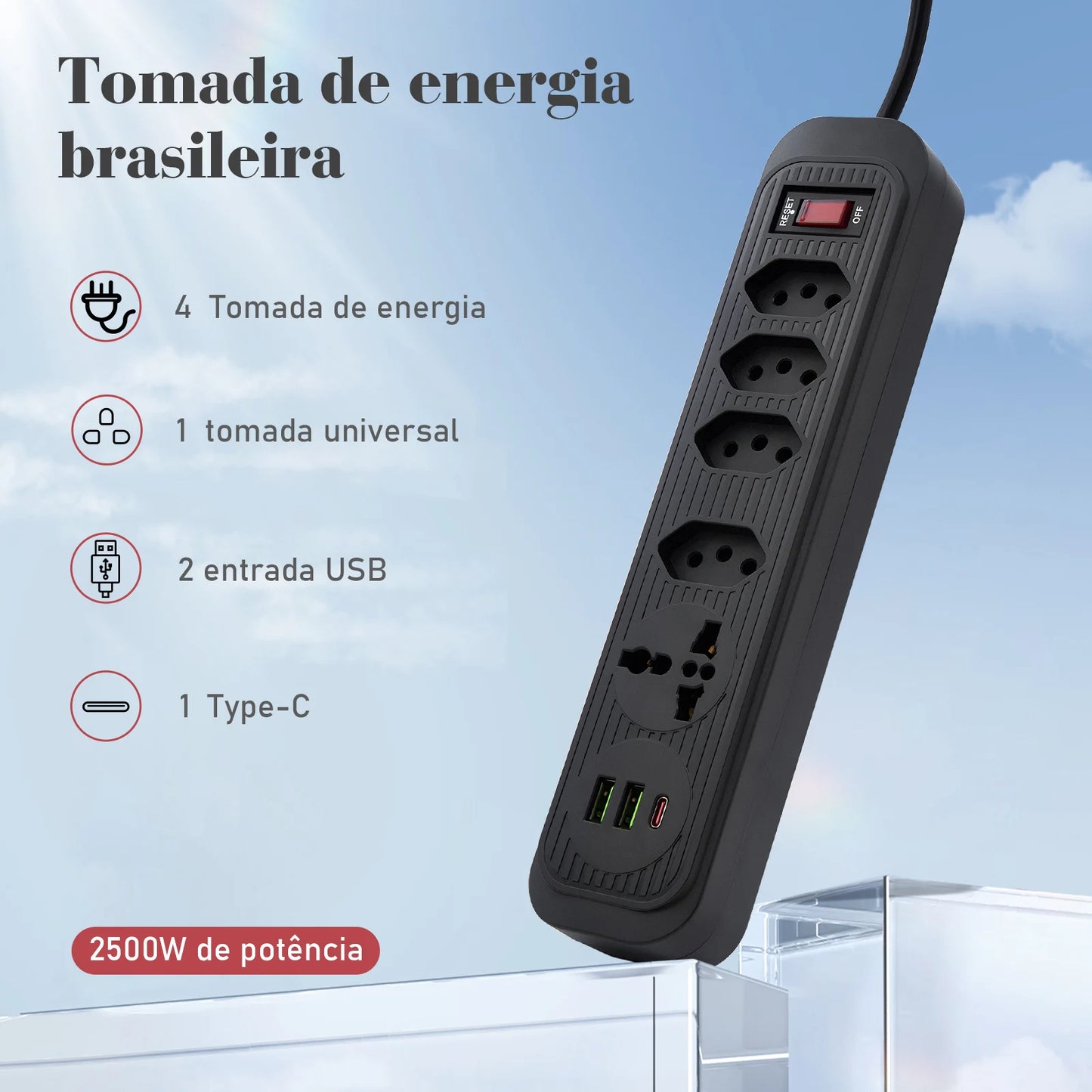 Extensão De 4 Tomadas Com 3 Usb Branco Bivolt 2 Metros Preto, Extensão Tomada,Suporte a Tensão de 110-220V, Potência de 2500W，