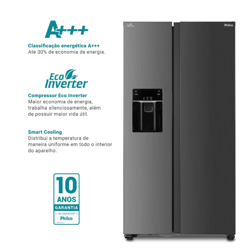Geladeira Philco Frost Free Eco Invert 513L Inox com Dispenser de Gelo e Água.