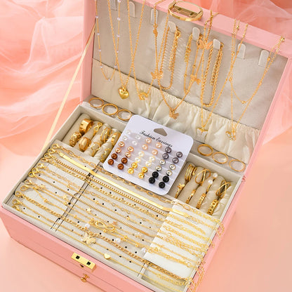 Conjunto 83 Peças Joias Elegante Pérolas Geométricas Brincos Colar Pulseira Anel