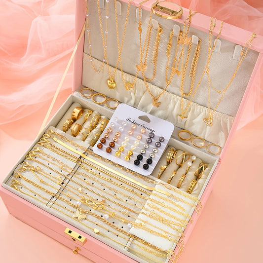 Conjunto 83 Peças Joias Elegante Pérolas Geométricas Brincos Colar Pulseira Anel