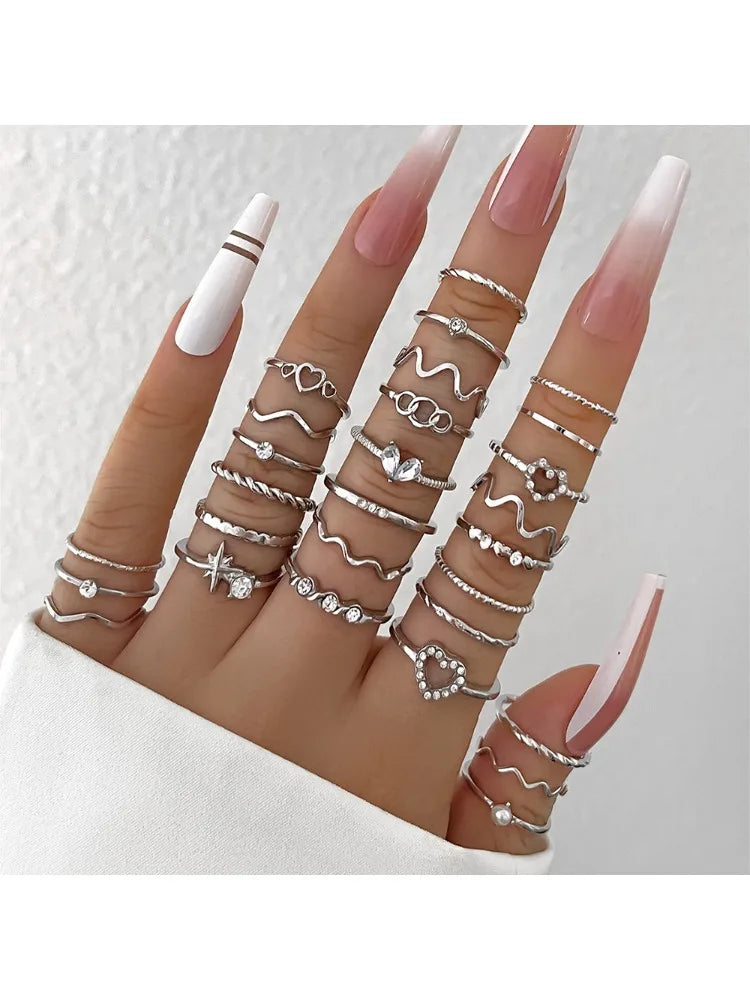 Conjunto 28 Peças Anéis Fashion Geométricos Feminino Cristal Coração