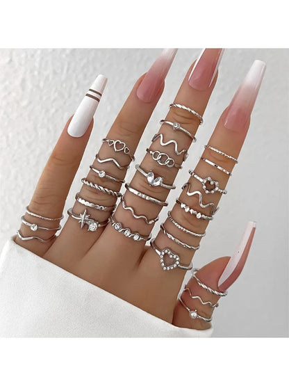Conjunto 28 Peças Anéis Fashion Geométricos Feminino Cristal Coração
