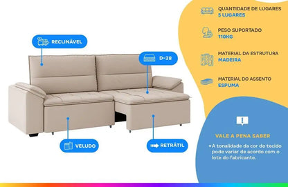 Sofá Retrátil e Reclinável 5 Lugares Veludo Panamá Besthouse