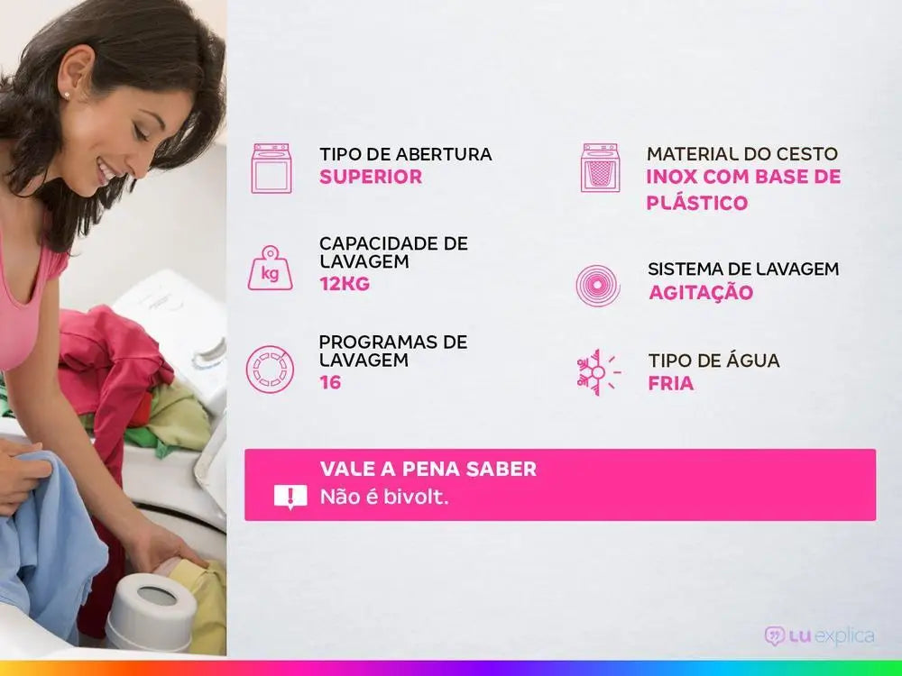 Lavadora de Roupas Consul 12kg 16 Programas de Lavagem Branca CWH12 110V
