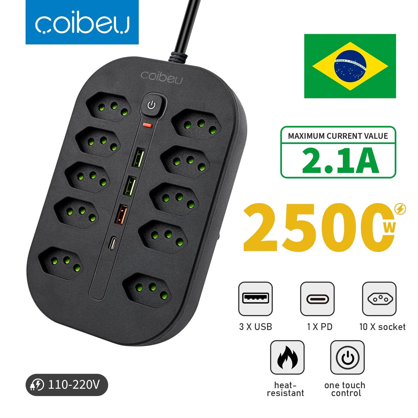 Filtro de Linha 2M com USB Proteção Sobrecarga Tomadas Coibeu