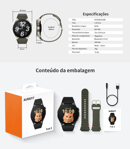 Smartwatch AURAFIT Original Masculino GPS NFC Rastreamento Chamadas BT Monitor Saúde