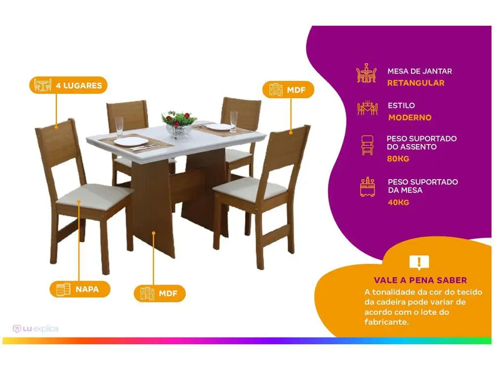 Conjunto Mesa de Jantar 4 Cadeiras Canela e Off White Madesa