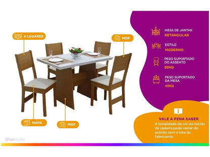 Conjunto Mesa de Jantar 4 Cadeiras Canela e Off White Madesa