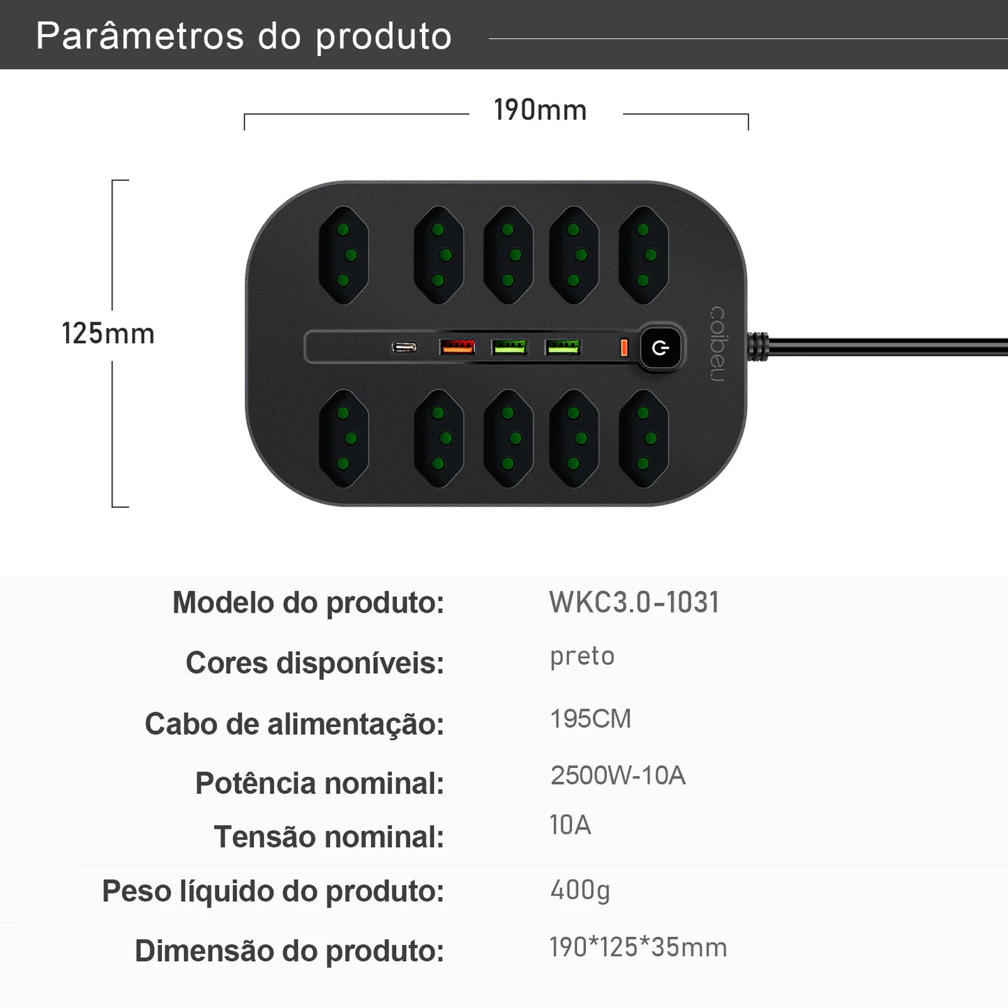 Filtro de Linha 2M com USB Proteção Sobrecarga Tomadas Coibeu