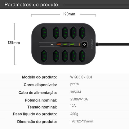 Filtro de Linha 2M com USB Proteção Sobrecarga Tomadas Coibeu