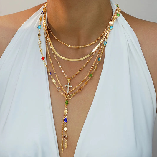 Conjunto 5 Peças Colares Vintage Metal Cruz Pingente Y-Necklace Feminino