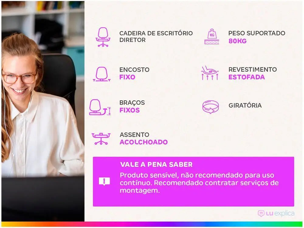 Cadeira Diretora Giratória Preta para Escritório - Modelo DIR-002