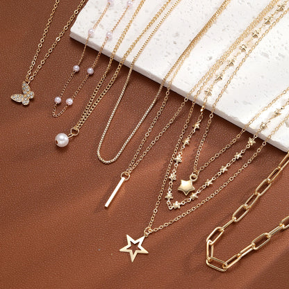 Conjunto 9 Peças Colares Choker Simples Feminino Amor Coração Estrela Pingente