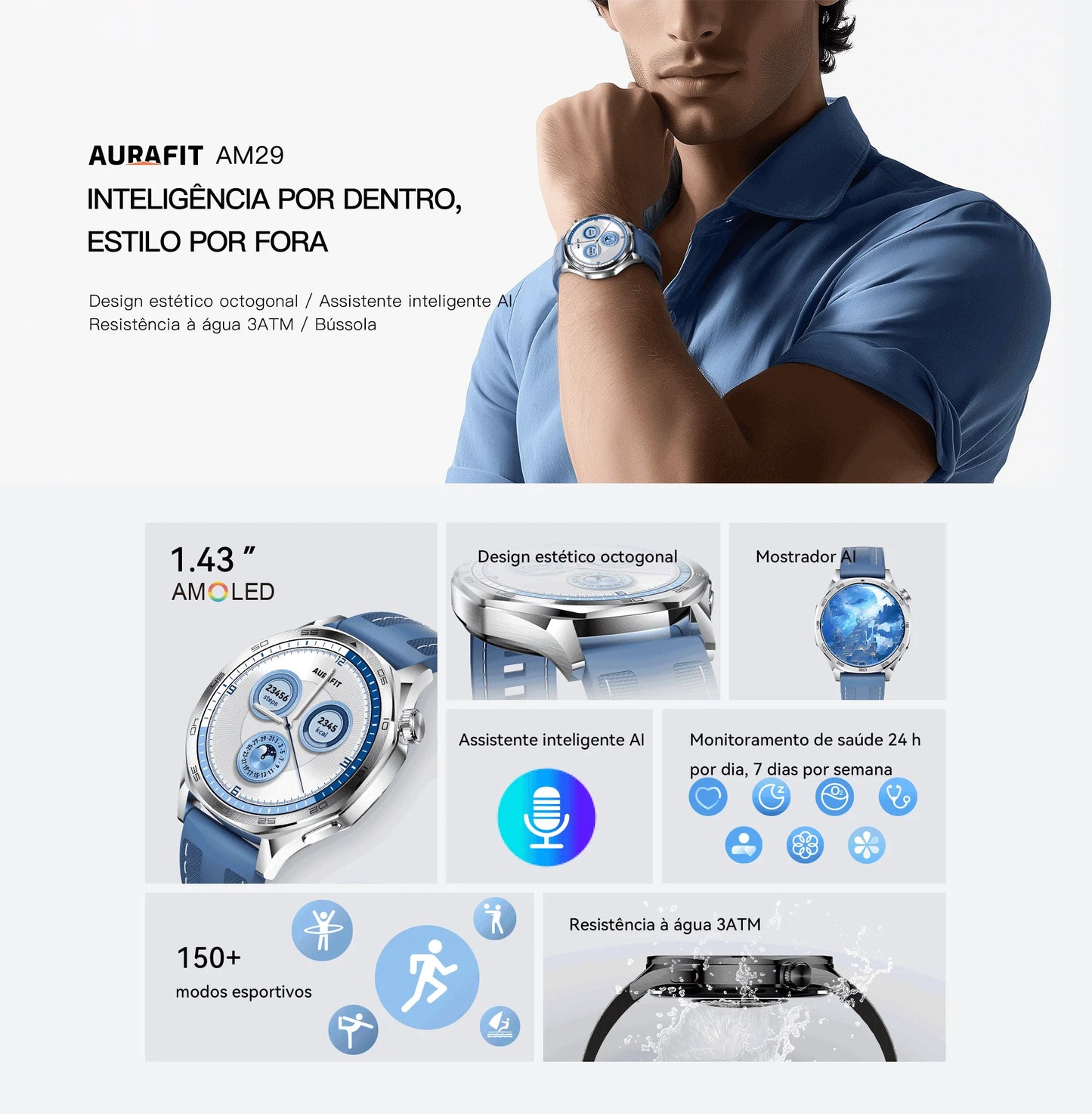Smartwatch AURAFIT AM29 Tela AMOLED 1.43" Carregamento Sem Fio 100+ Modos Monitor Saúde IP68 Strava