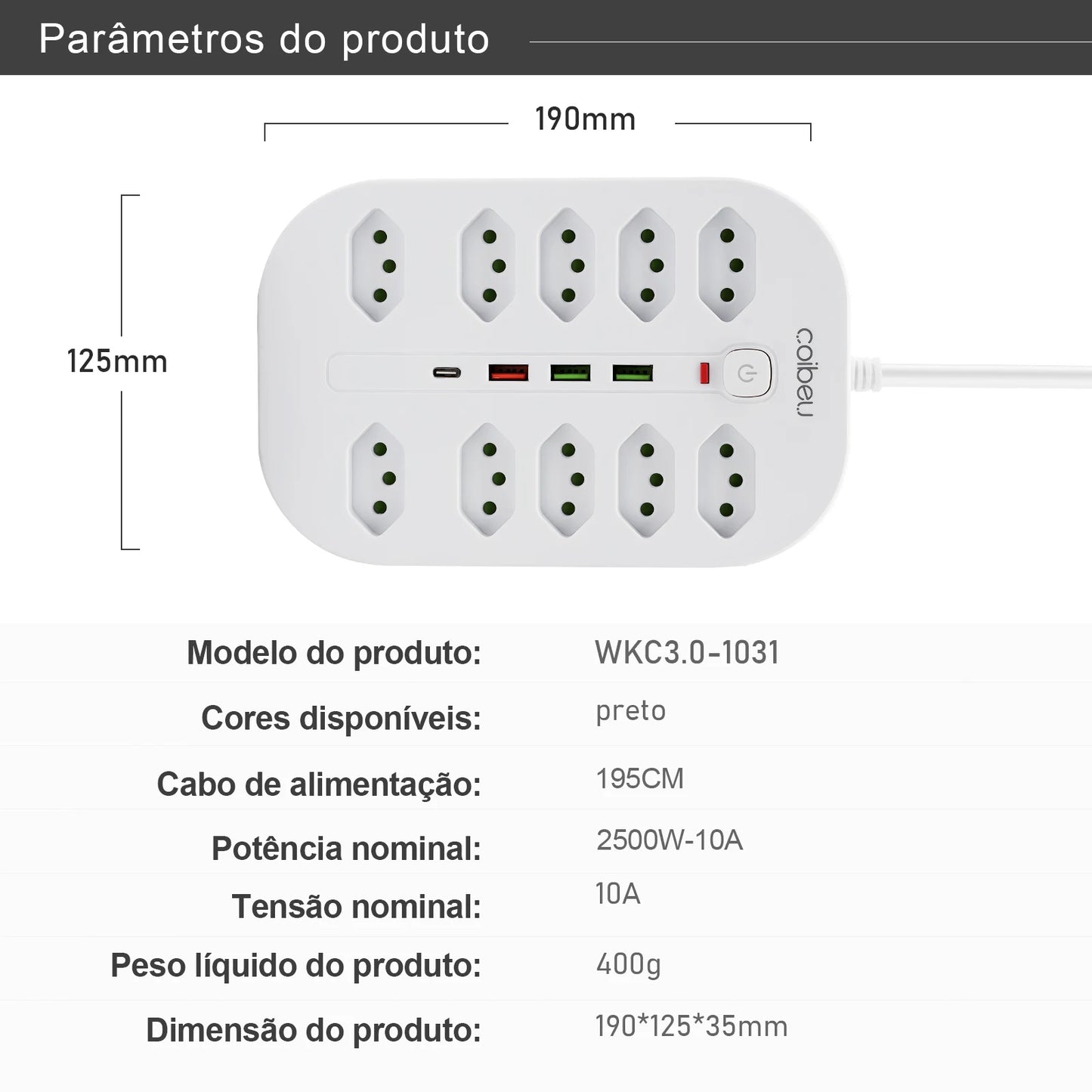 Filtro de Linha Extensão Elétrica Adaptador Tomada 10A 110-220V com USB