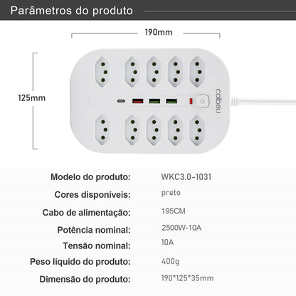 Filtro de Linha Extensão Elétrica Adaptador Tomada 10A 110-220V com USB