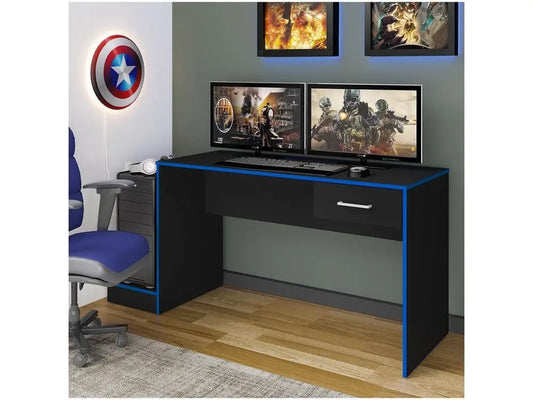 Mesa Gamer Artely Preta e Azul com 1 Gaveta