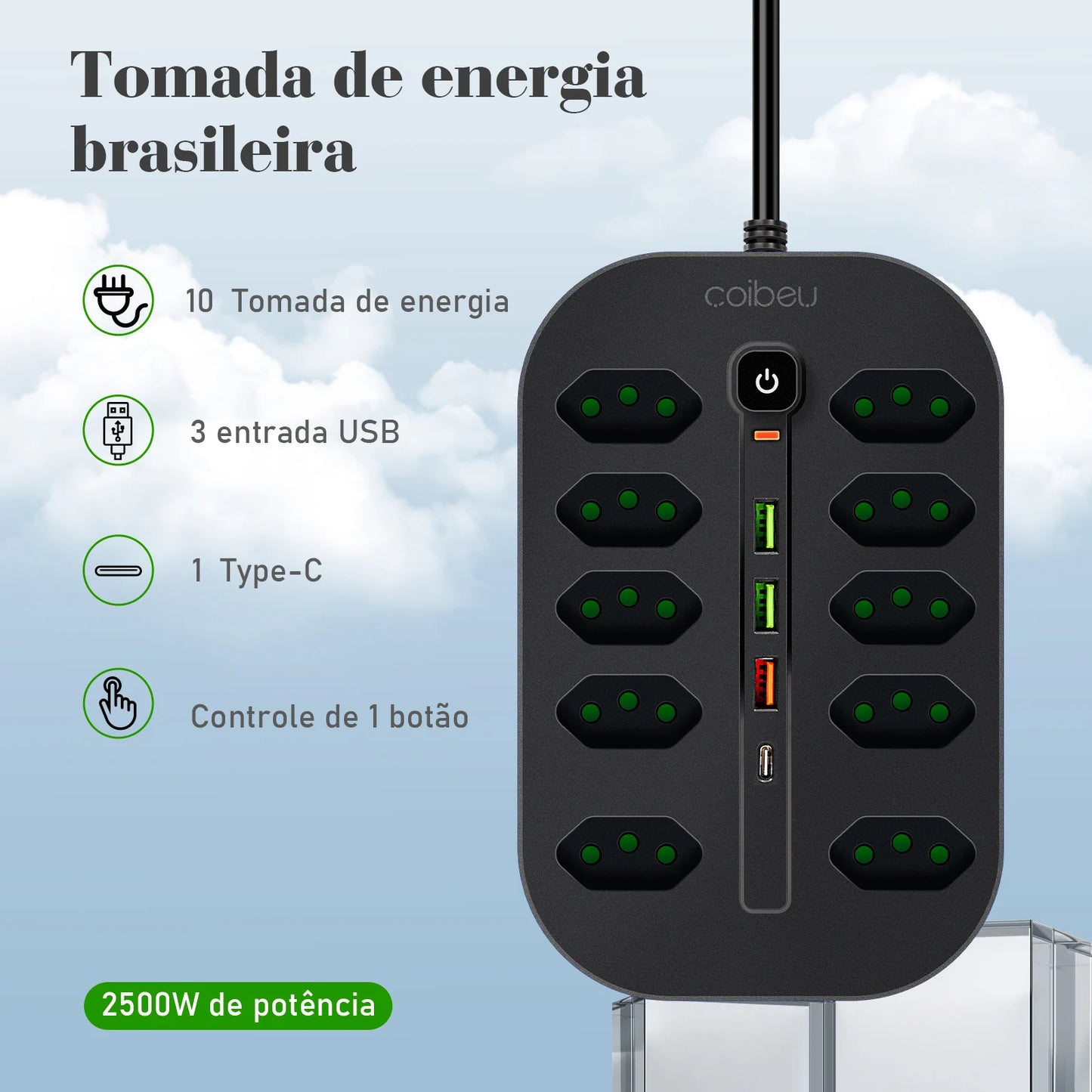 Filtro de Linha 2M com USB Proteção Sobrecarga Tomadas Coibeu